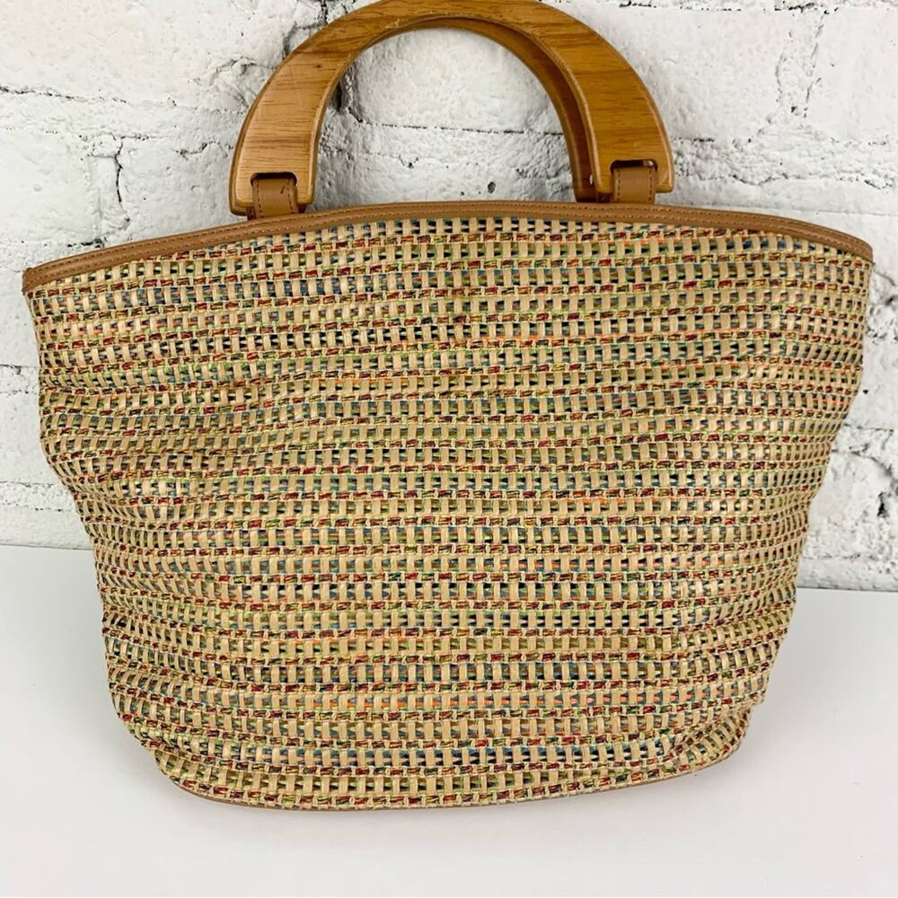 Fossil Vintage Wooden Handle Rainbow Multicolored Woven Rattan Straw Tote - Picture 6 of 15